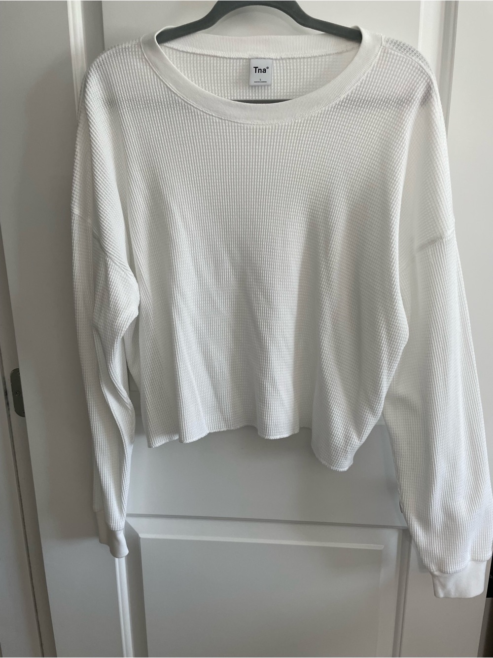 TNA Cropped White Alamo Waffle Knit Pullover